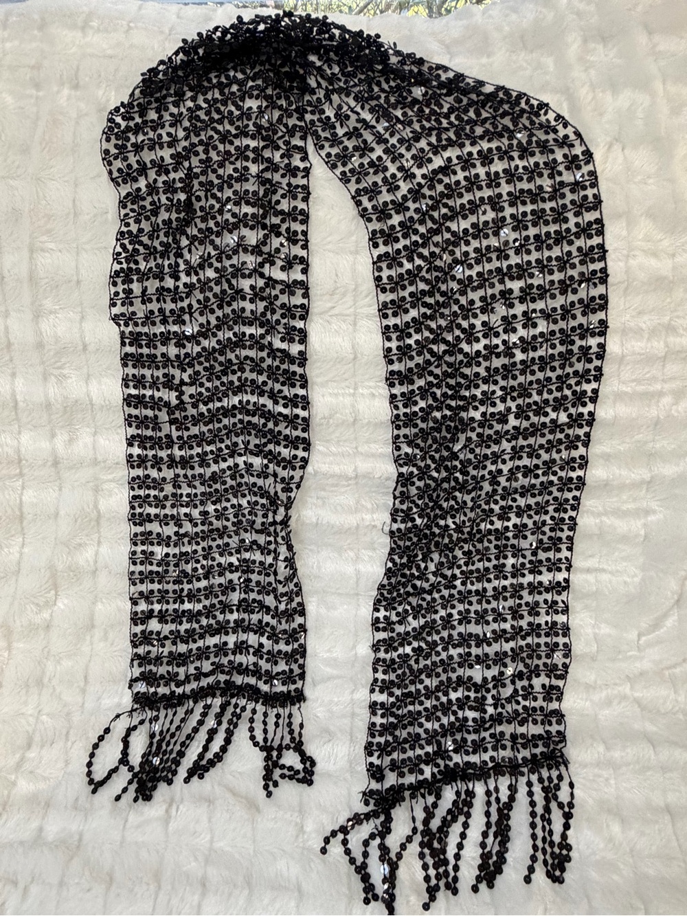 Black Beaded Mesh Scarf with Fringe